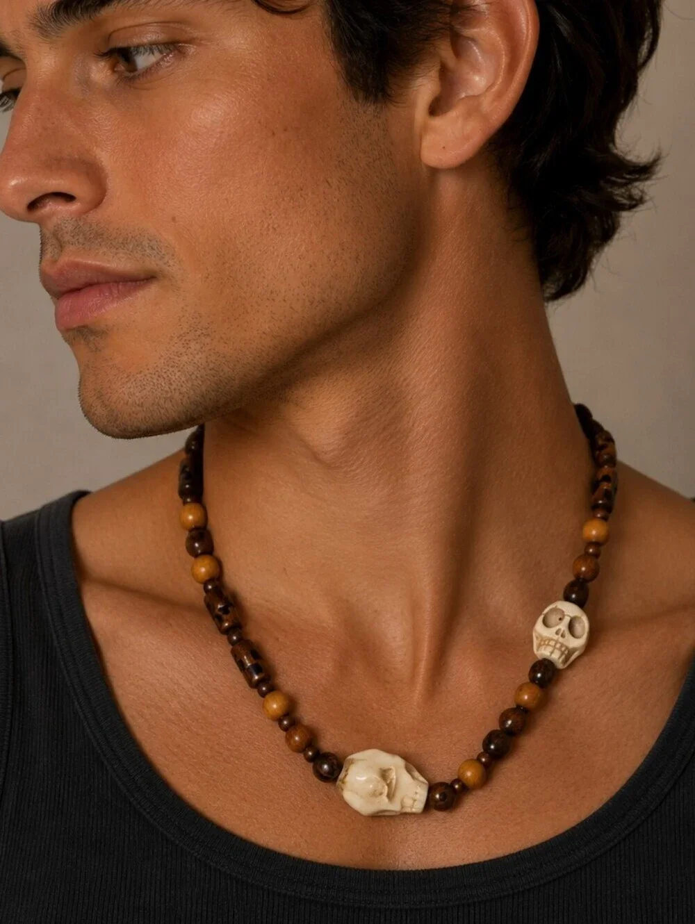 HANDMADE Magnesite Skull Wood Horn Ceramic Beaded Grunge Festival Necklace